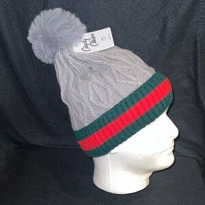 NWT Gray Knitted Faux Fur Lined red & green stripe beanie with Pom Pom